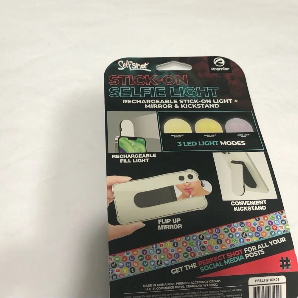 Stick on selfie light/Mirror/ Kickstand Rechargeable. Black